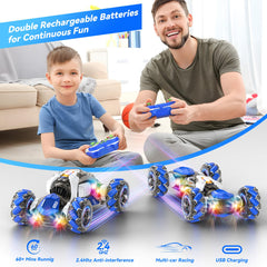 Nicella RC stunt car lights and music create an engaging play atmosphere.
