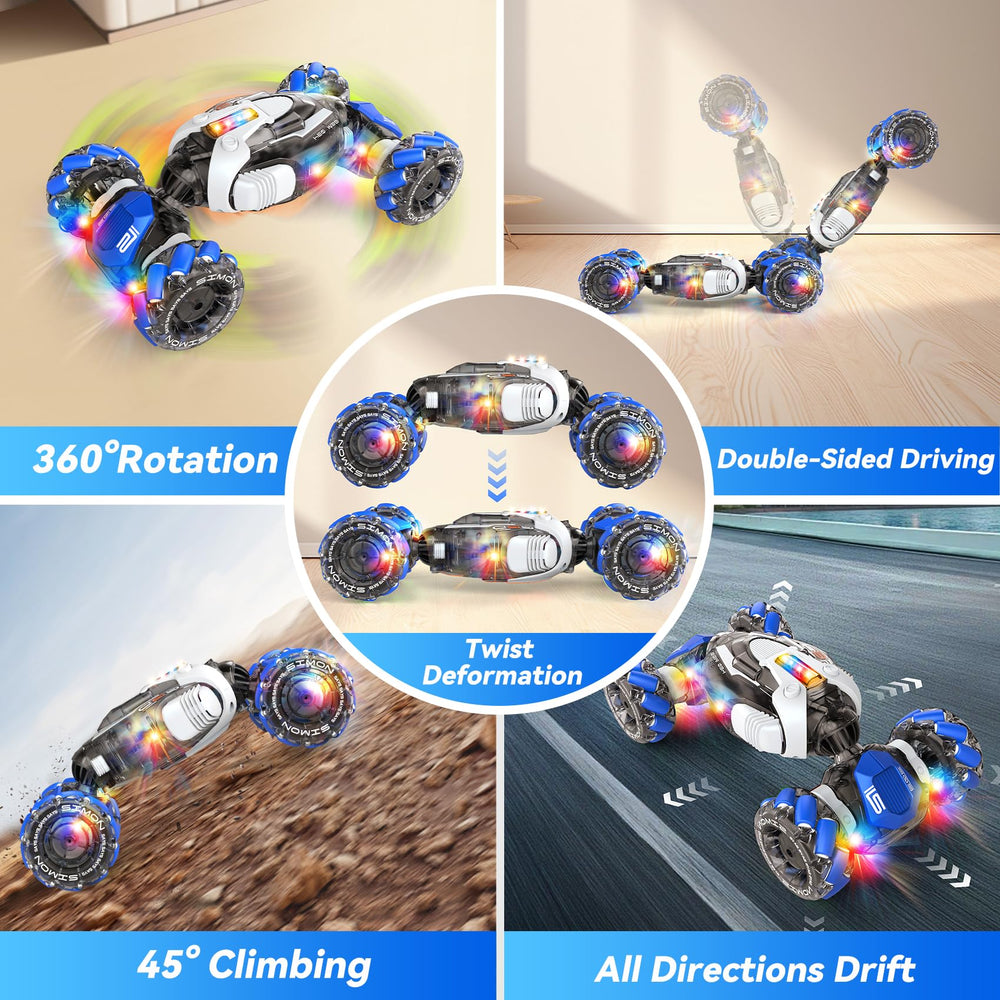Nicella RC stunt car with anti-collision tires for stable grip on carpets and sand.