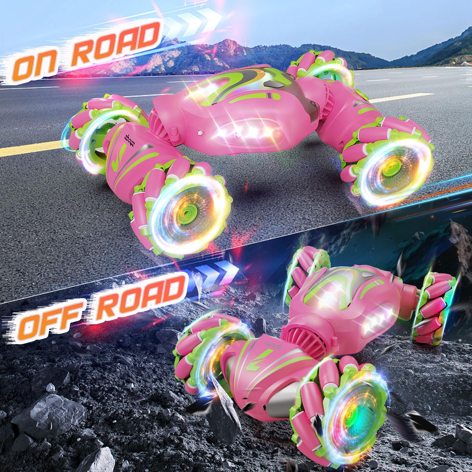 Nicella pink RC car side view with bright LEDs for nighttime racing