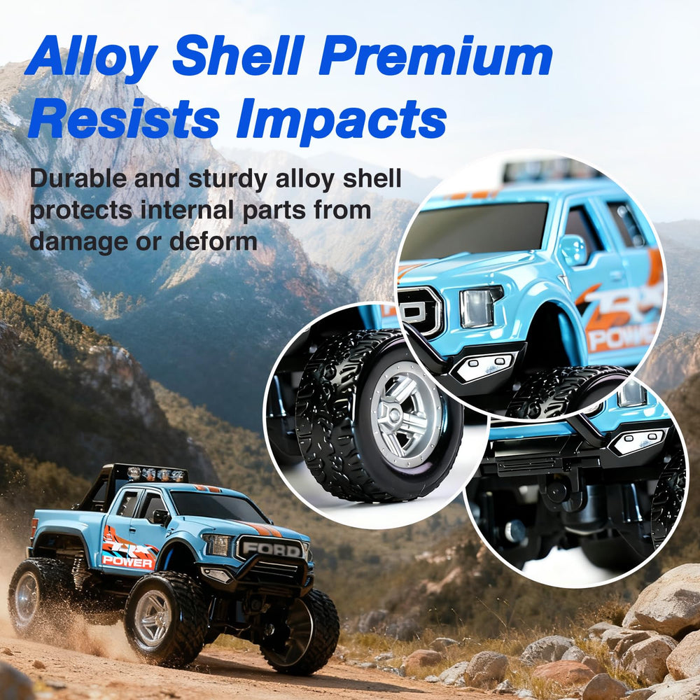 NICETHUMB mini RC truck alloy shell protects inner components during rough rides.