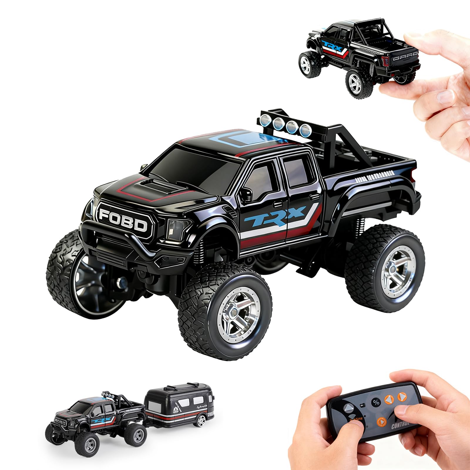 NICETHUMB mini RC truck with lights for dramatic indoor play and night driving.