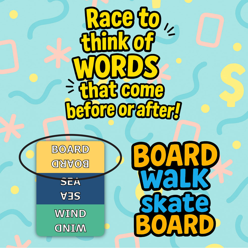 Two teams compete in a fast word challenge using Before After cards
