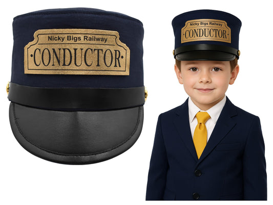 Nicky Bigs Novelties conductor hat with navy patch adds authentic costume realism.