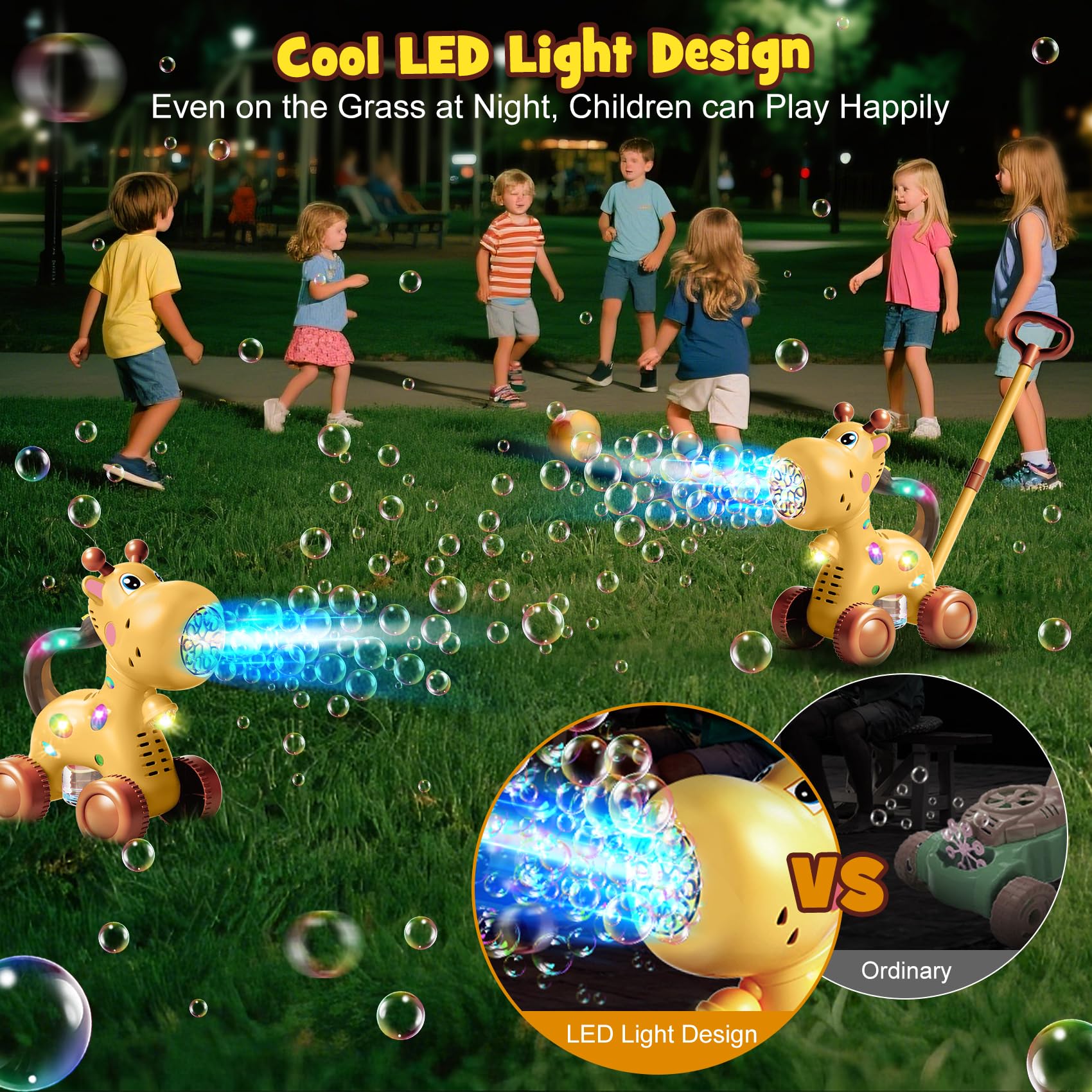 Nicmore bubble machine with flashing lights for day and night parties.