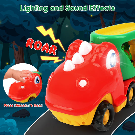 Nicmore dino cars set featuring four mini pull-back vehicles for toddlers