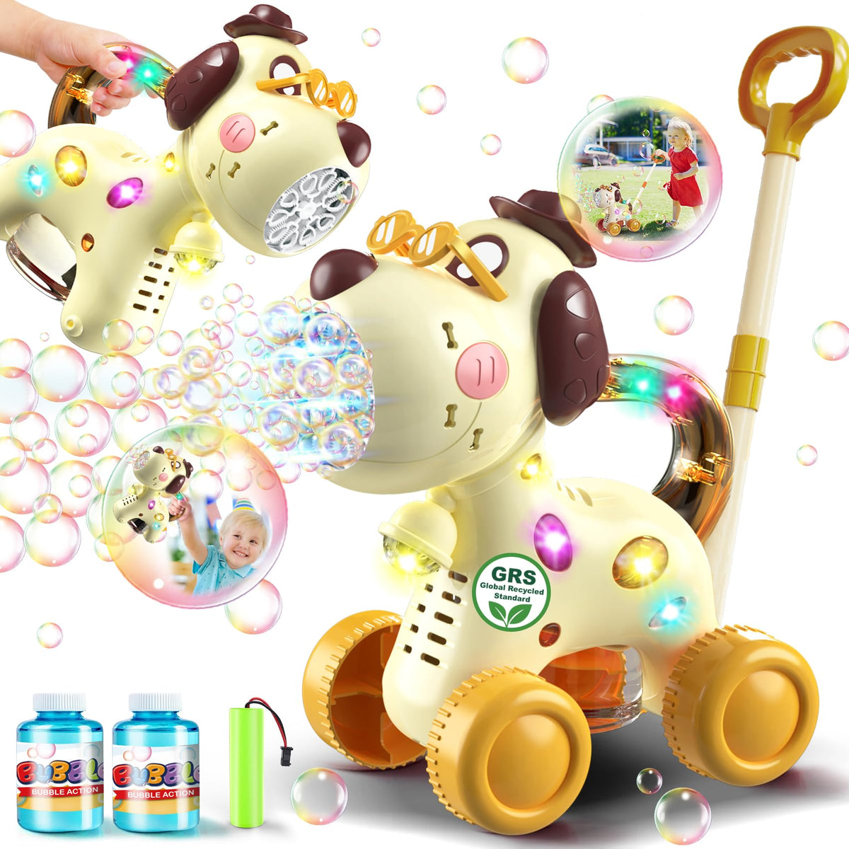 Nicmore dog bubble machine front view for portable toddler bubble fun outdoors.