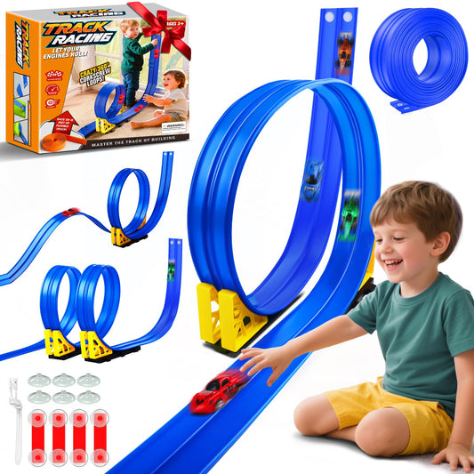 Nicmore Flexible Race Track 15ft setup on wall enables thrilling, space-saving racing.