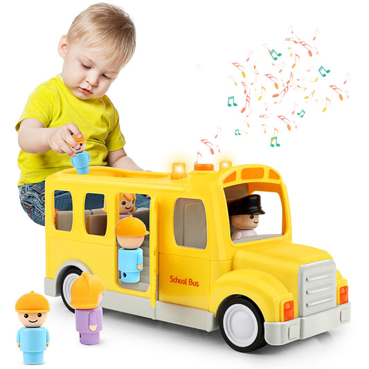 Nicmore School Bus toy with figures, bright headlights for engaging imaginative play.