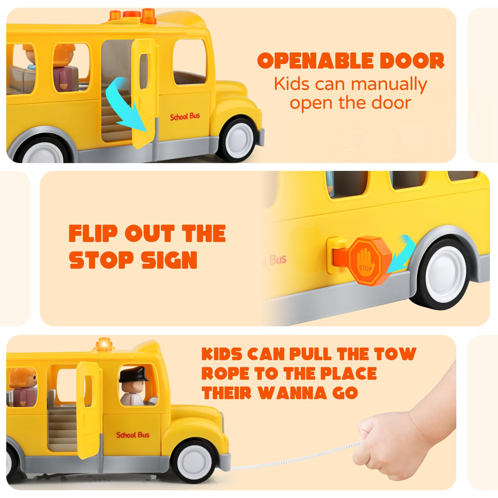 Nicmore yellow bus toy with flashing headlights during action.