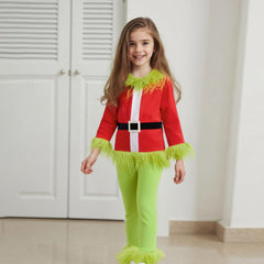 Nicoxijia plush trim detail on green Santa monster costume enhances tactile appeal.