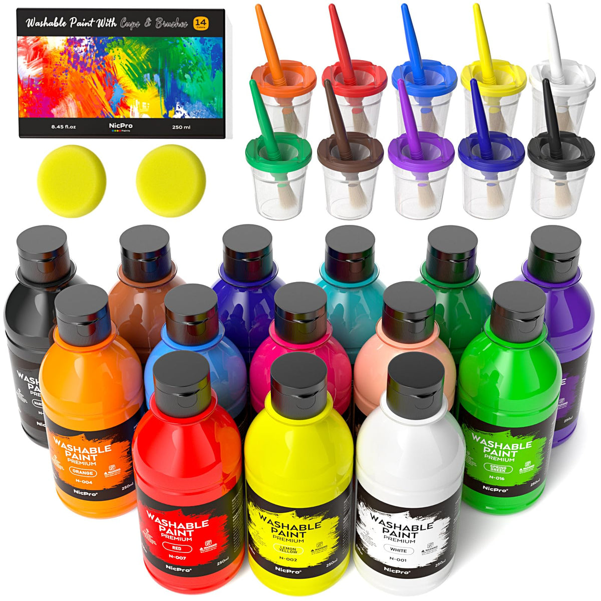 Nicpro 14-color washable paint set offers vibrant bottles for creative kids' artwork.