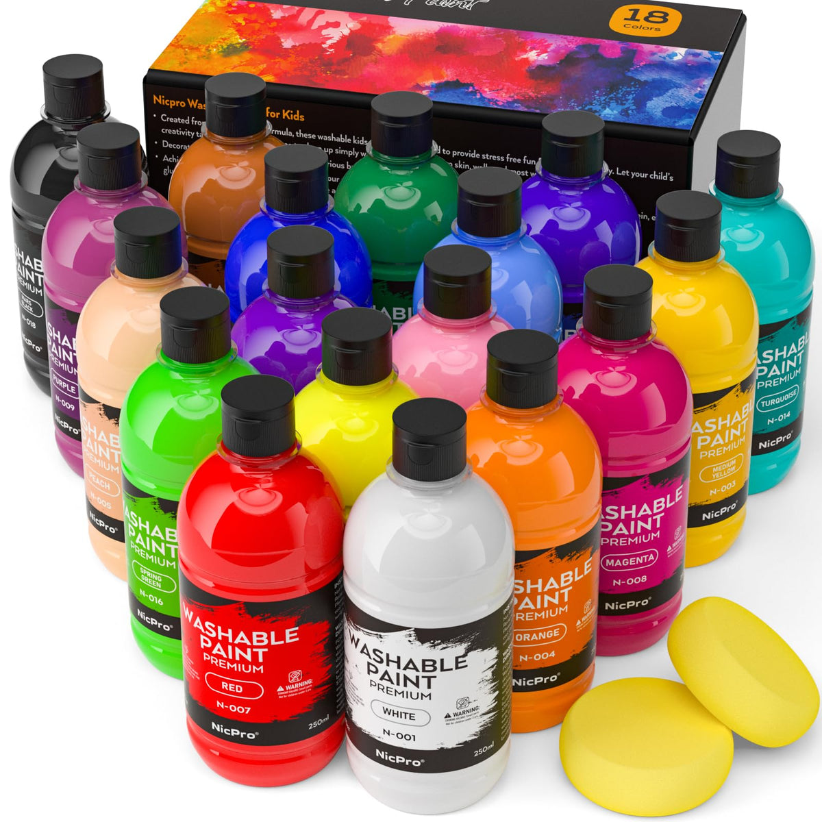 Nicpro 18-color washable paint bottles prepared for kids' art projects.