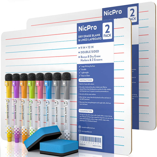 Nicpro dry erase lap boards 9x12 inches two-pack, ideal for classroom notes and drawings.