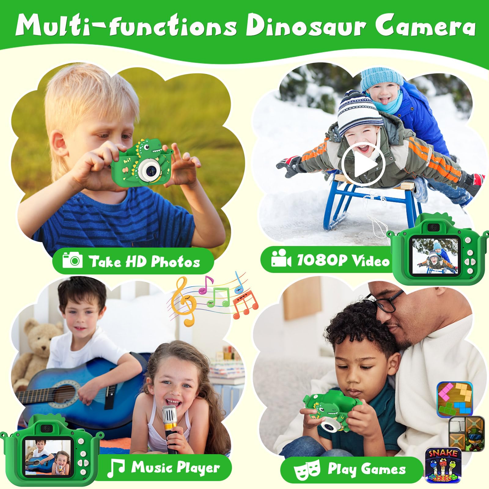 NIDOOT Dinosaur camera back view highlighting simple controls and grip for children