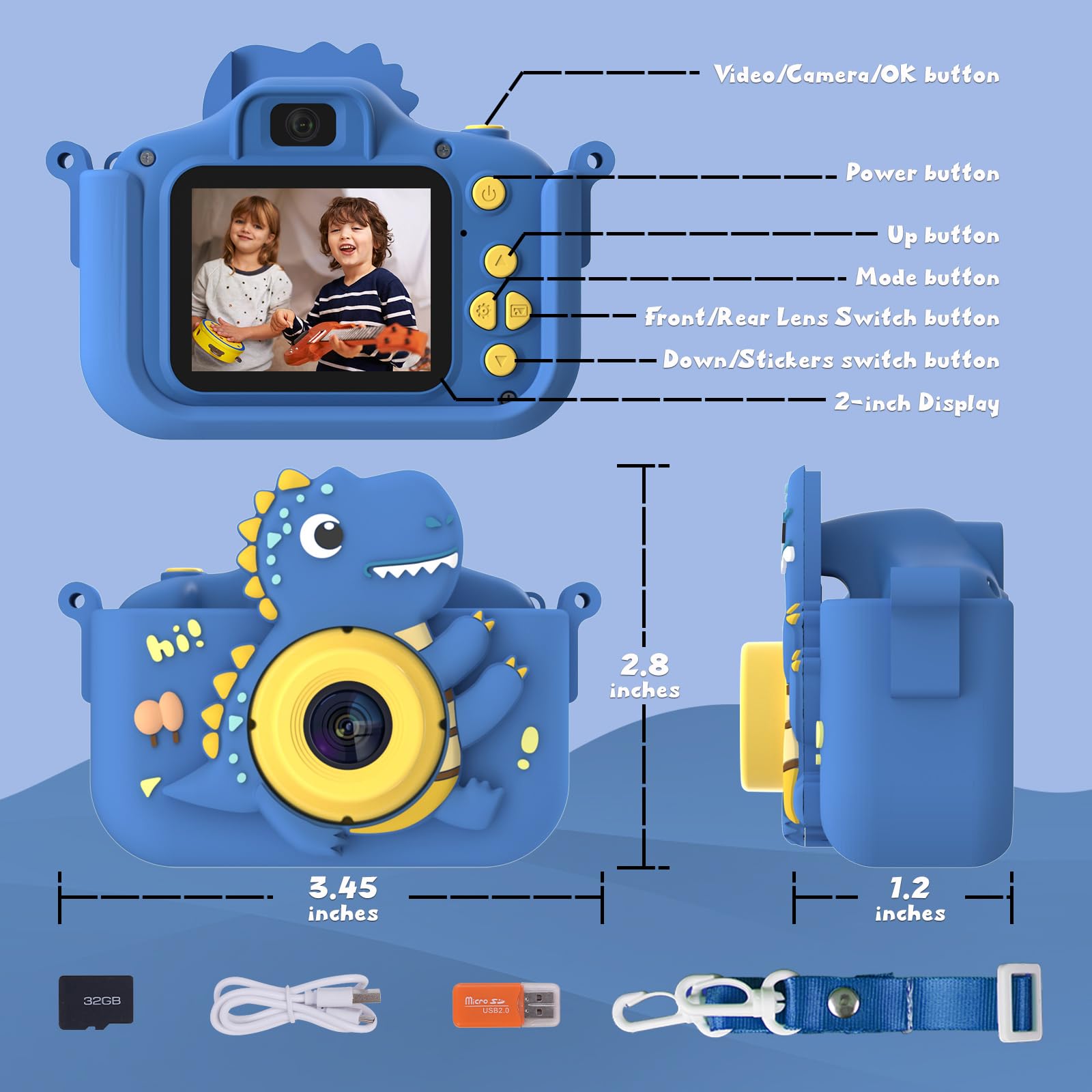 NIDOOT dinosaur kids camera blue 32GB card included for storage