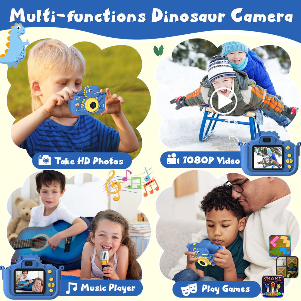 NIDOOT dinosaur kids camera blue side view with protective dinosaur sleeve