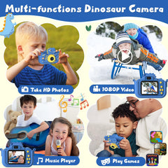 NIDOOT dinosaur kids camera blue side view with protective dinosaur sleeve
