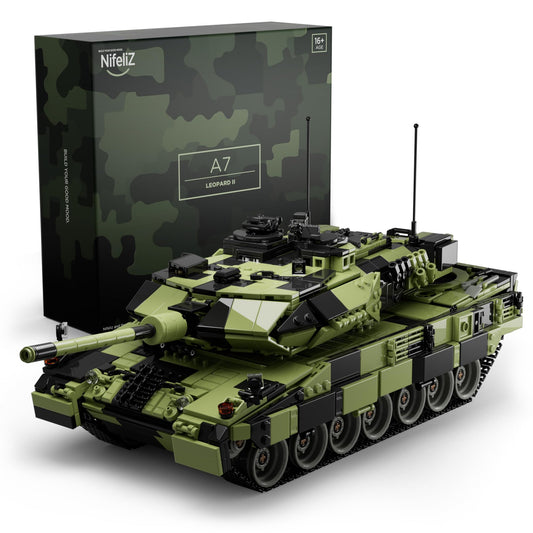 Nifeliz Leopard II A7 tank front view highlights detailed exterior and sturdy build.