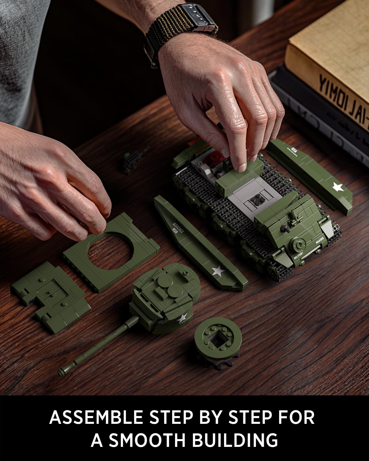 Nifeliz Sherman tank display stand pairs with other collectibles.