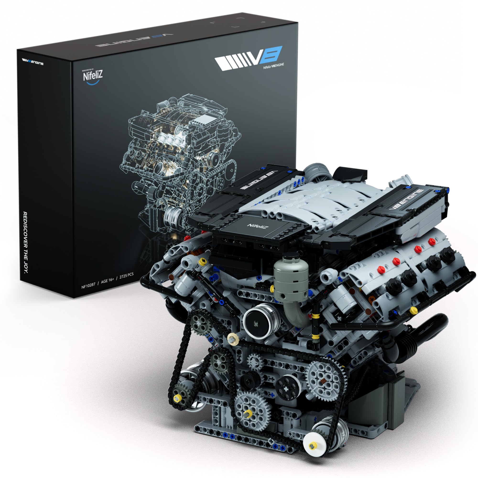 Nifeliz V8 engine block assembly shows realistic piston layout for hands-on learning.