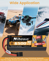 Nihewo 2S LiPo battery with compact dimensions, side view highlighting slim profile for tight chassis