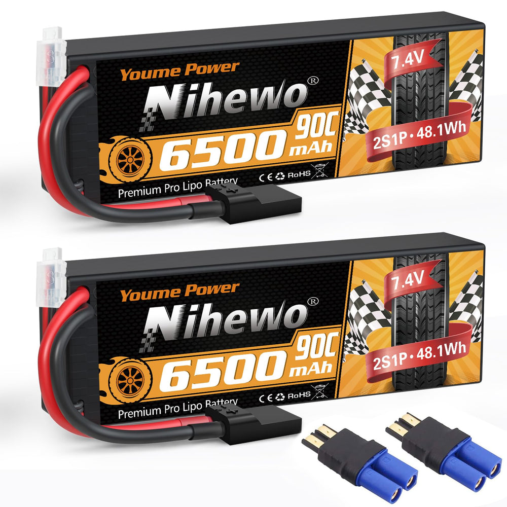 Nihewo 2S LiPo battery with hard case and TR/EC5 connectors, front view for rugged RC runs