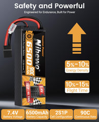 Nihewo 2S battery with 6500mAh and 90C discharge, close-up on discharge connectors