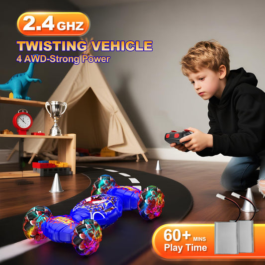 Nikuku RC car performing 360° rotation, demonstrating off-road capabilities and exciting stunts.