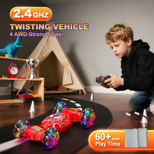 Nikuku remote car performs 360-degree rotations for dynamic stunts.