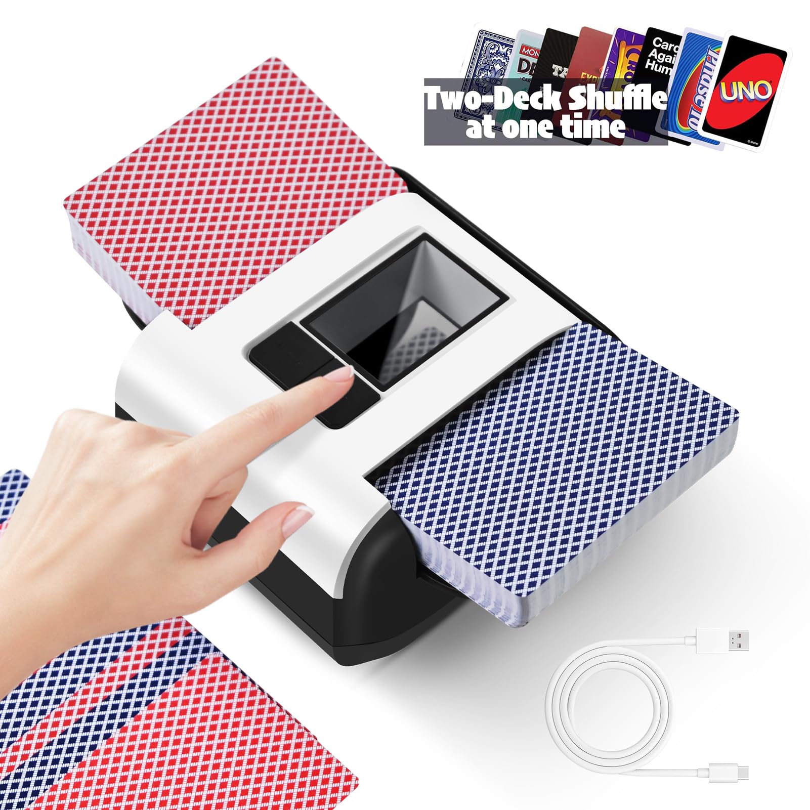 Nileole two decks quiet shuffler front view showing compact design for home games.