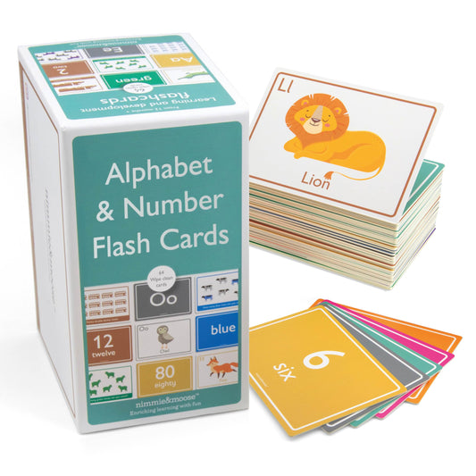 Nimmie & Moose alphabet flash cards cover with vibrant colors for preschool learning.