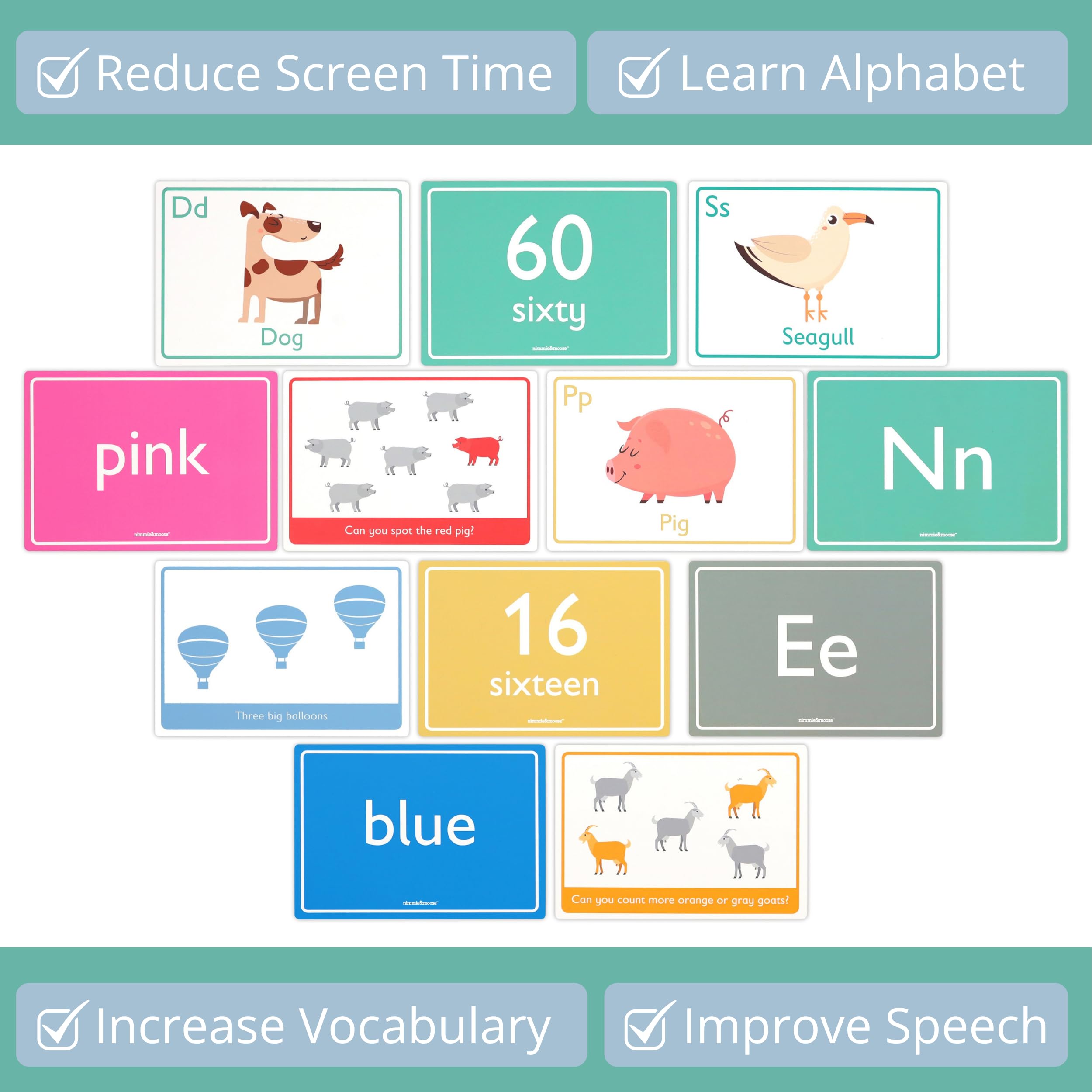 Nimmie & Moose colors flash cards showcase color recognition activities.