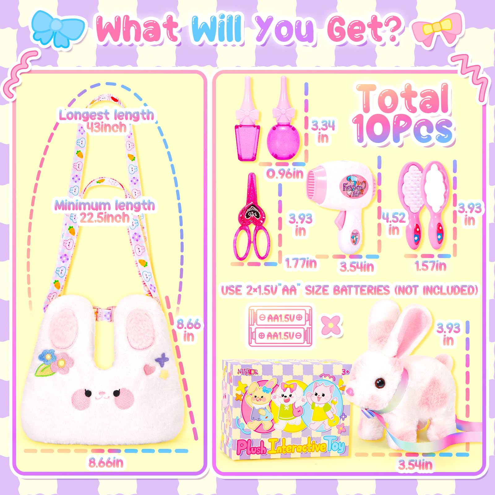 NINAOR Easter Bunny toy with plush crossbody bag for travel-friendly fun