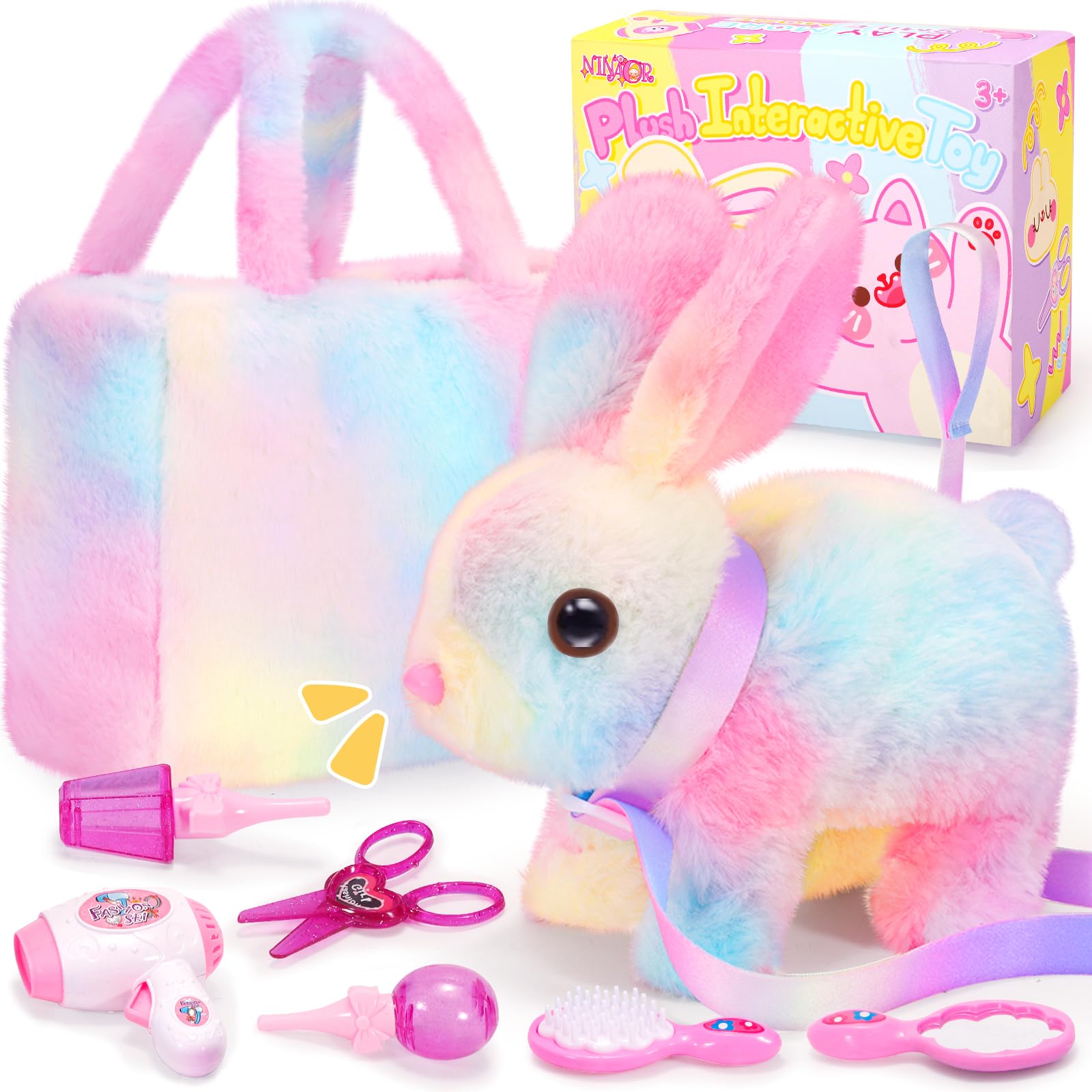 NINAOR plush bunny walks on leash for imaginative play and caregiver role play