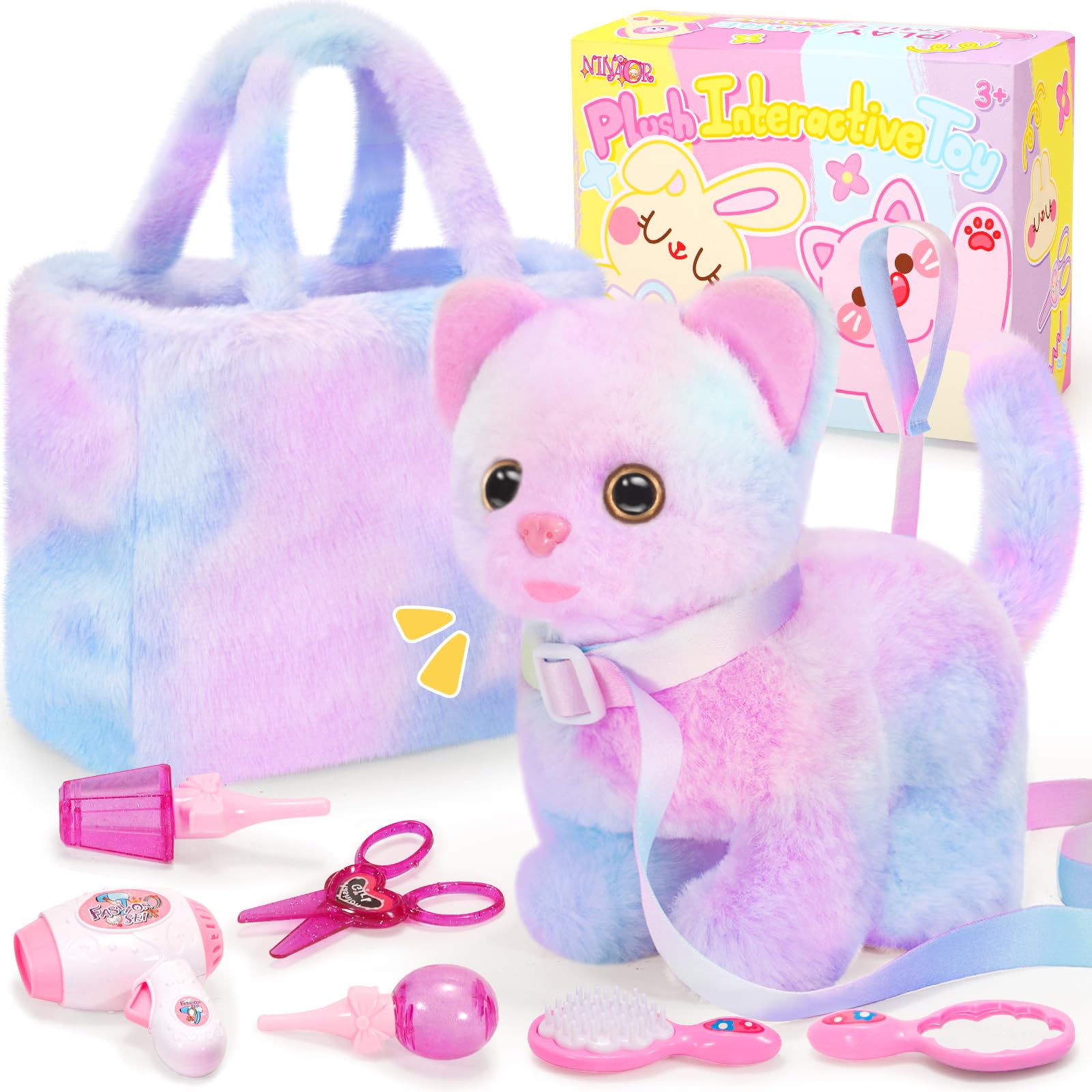 NINAOR plush interactive cat toy with leash for realistic pretend walks.