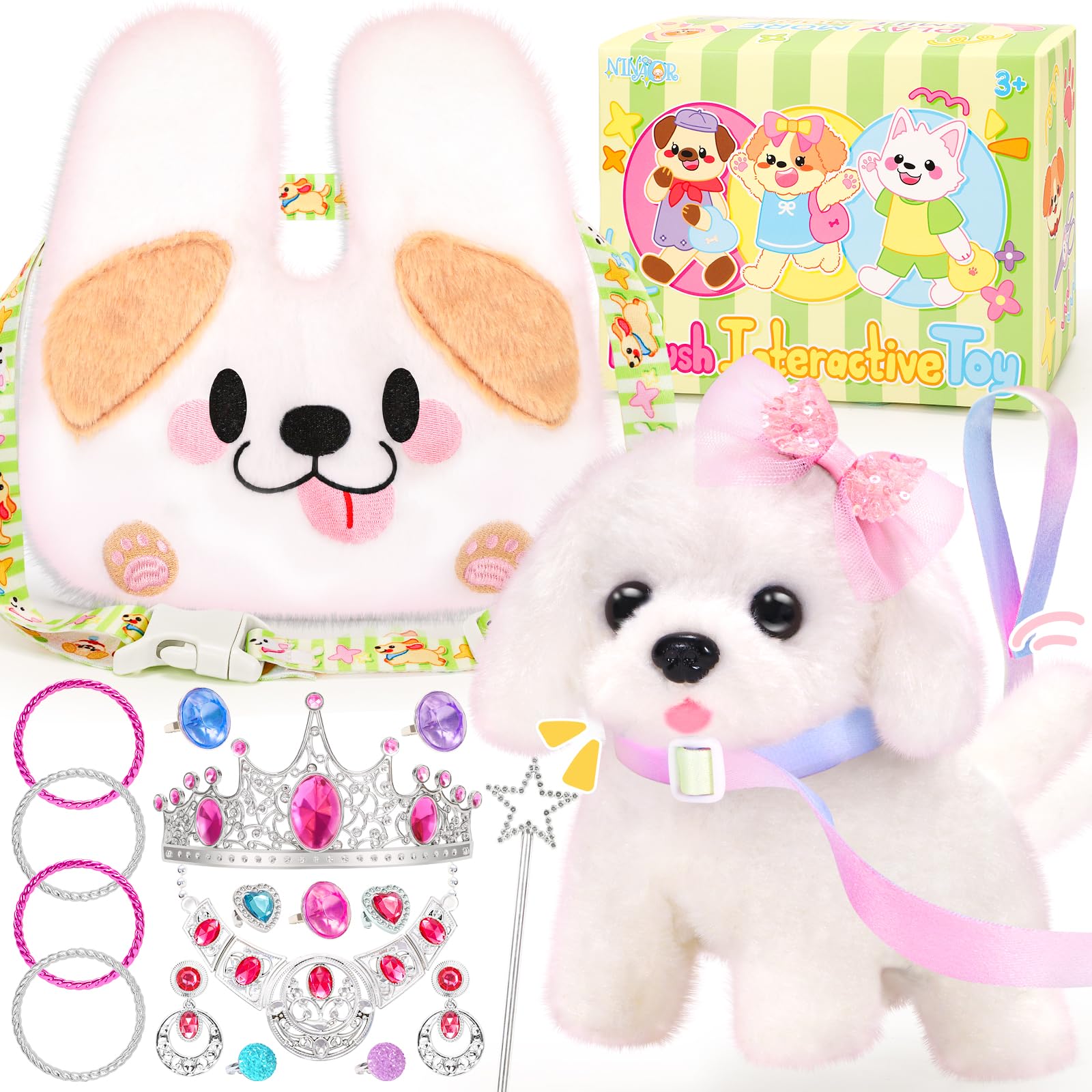 NINAOR plush robot dog walking with leash for interactive play