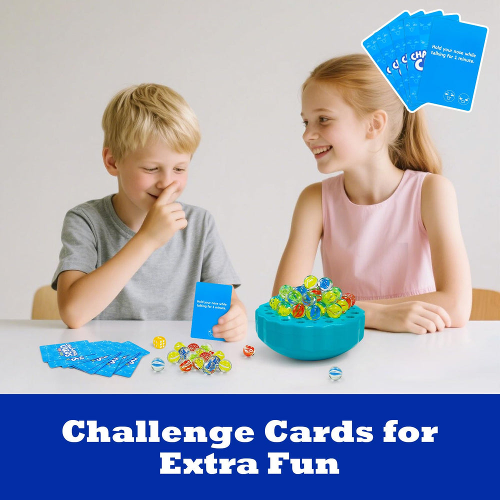 Ninigai Wobble Marble Game challenge cards sparking silly tasks and motion.