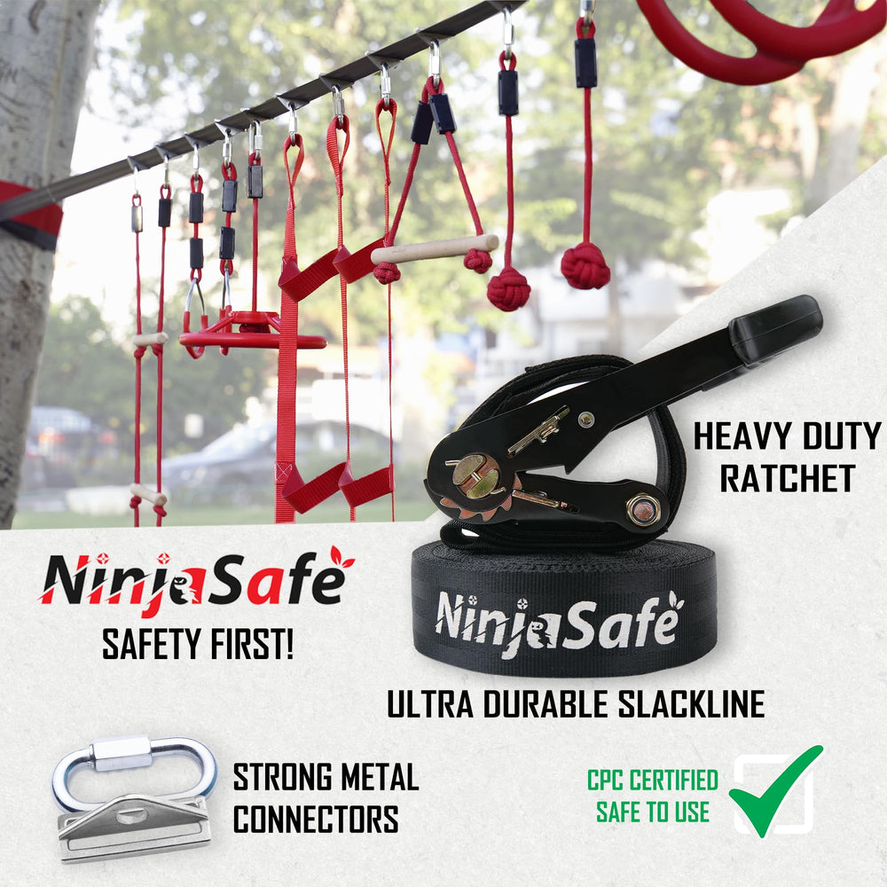 NinjaSafe 15m slackline enables versatile backyard crossing and balance practice.