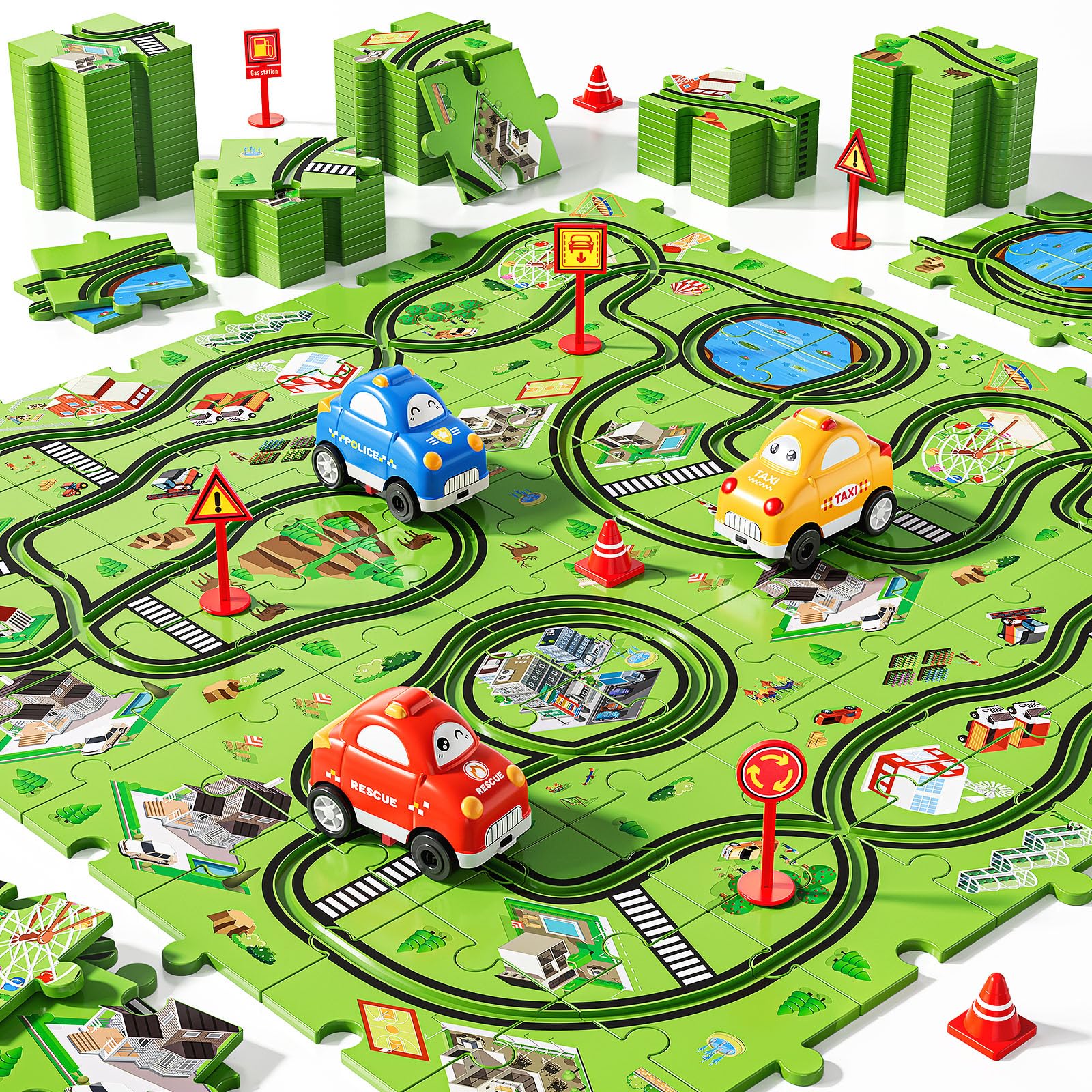 NIPLOOOW 64 PCS puzzle track set on a bright city-themed layout sparks imagination.
