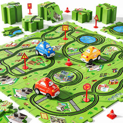 NIPLOOOW 64 PCS puzzle track set on a bright city-themed layout sparks imagination.