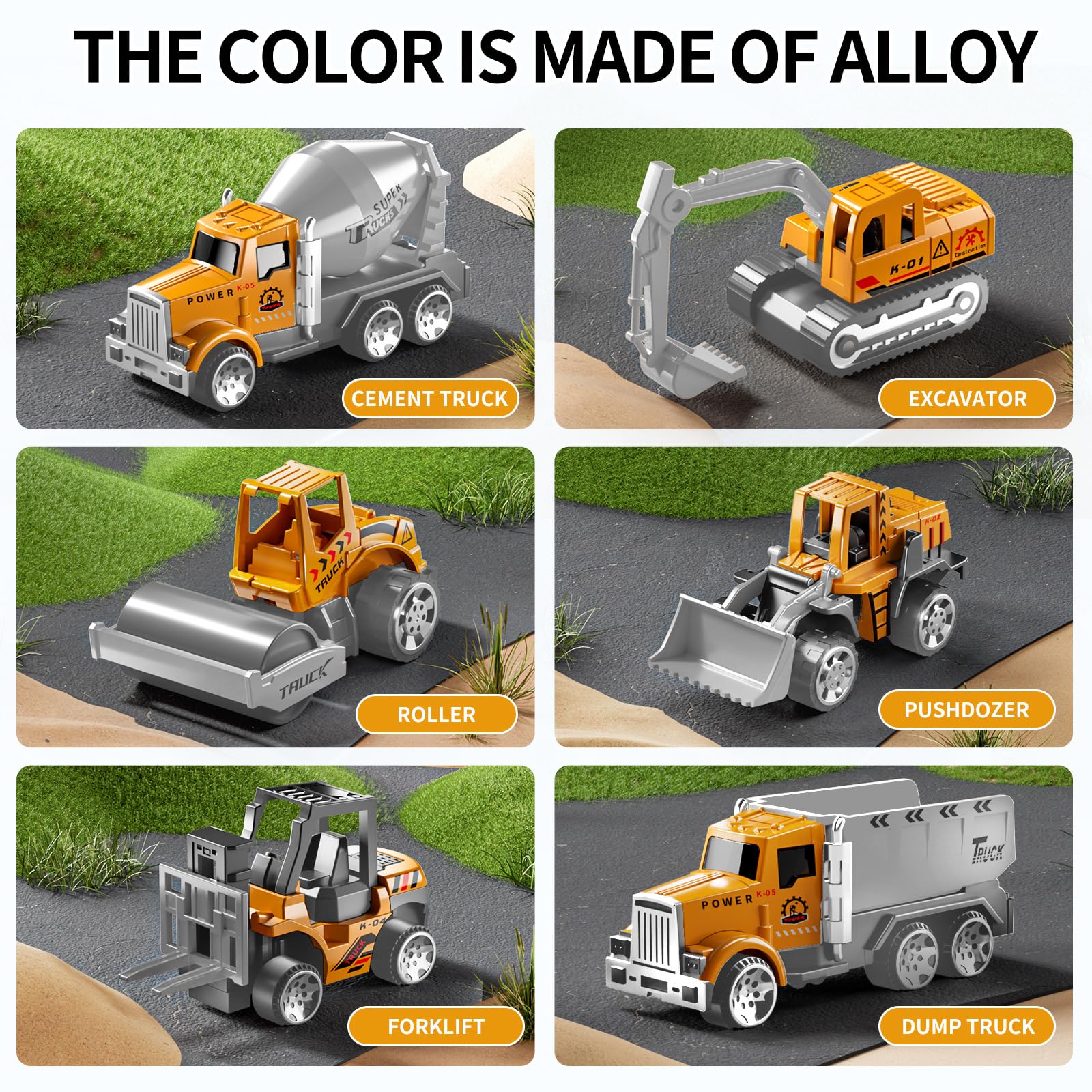 NIPLOOOW alloy metal trucks feel sturdy for rough play.
