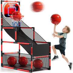 NIPLOOOW arcade basketball set hoop stand shown with adjustable height for growing kids