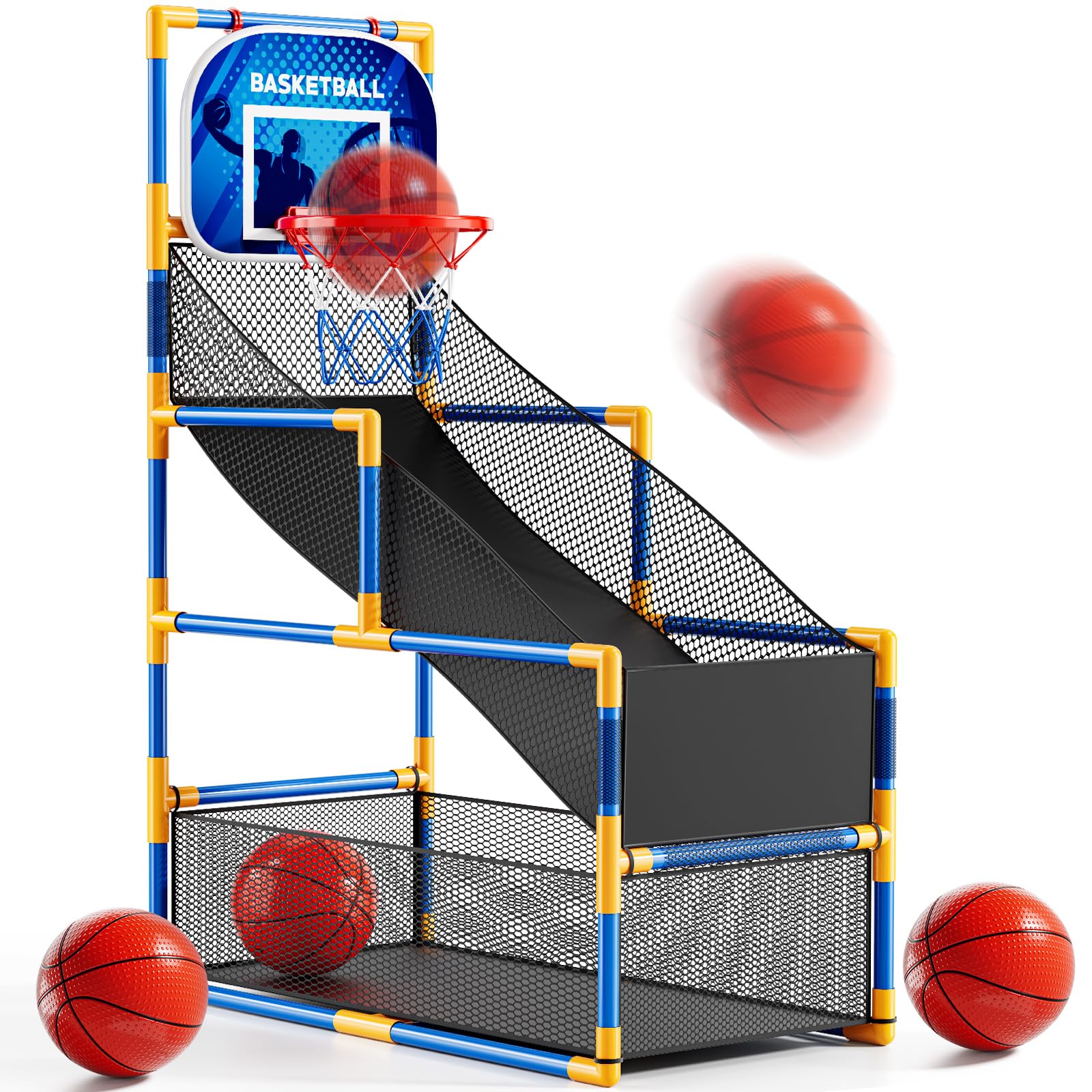 NIPLOOOW arcade basketball set with four balls and pump, ideal for family play indoors or outdoors.