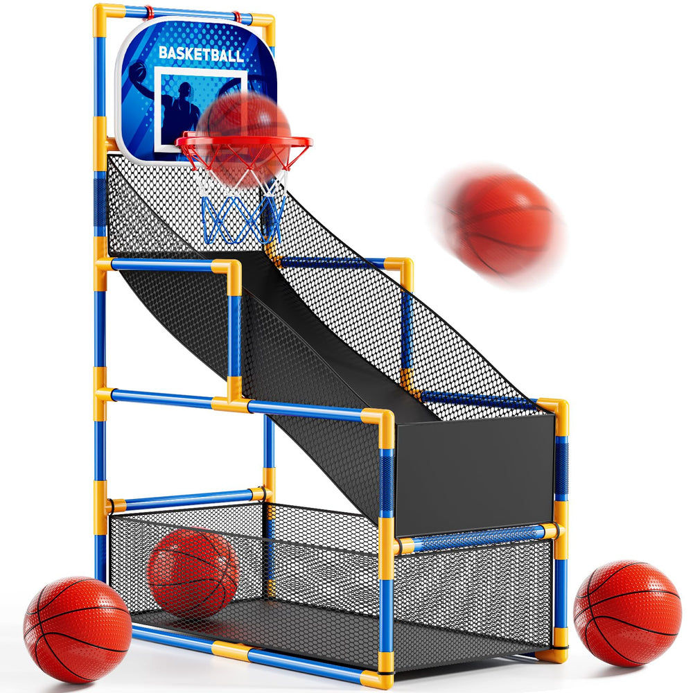 NIPLOOOW arcade basketball set with four balls and pump, ideal for family play indoors or outdoors.