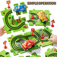 Three cars glide smoothly along grooved tracks for engaging movement.