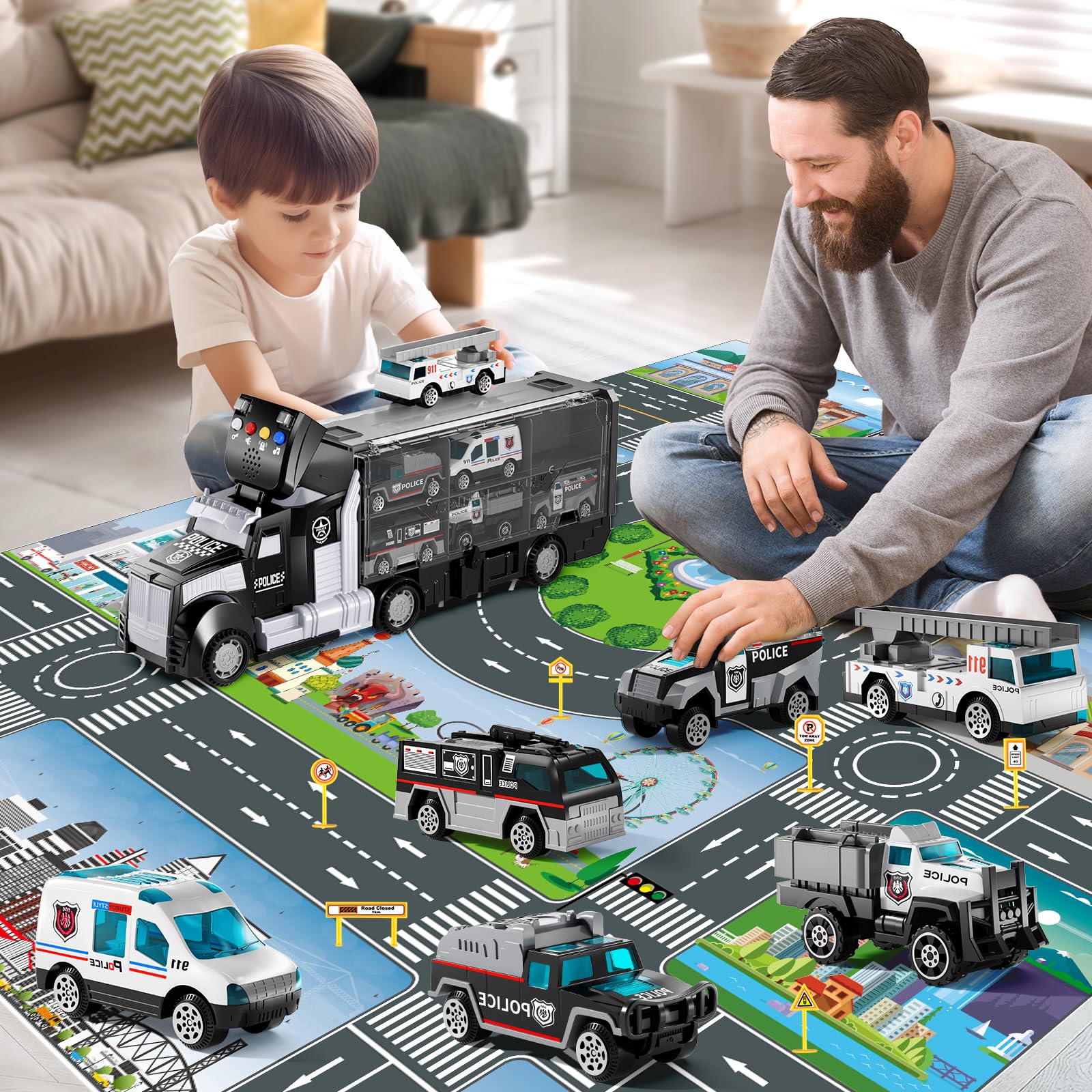 NIPLOOOW carrier truck with sound and lights encourages imaginative scenarios.