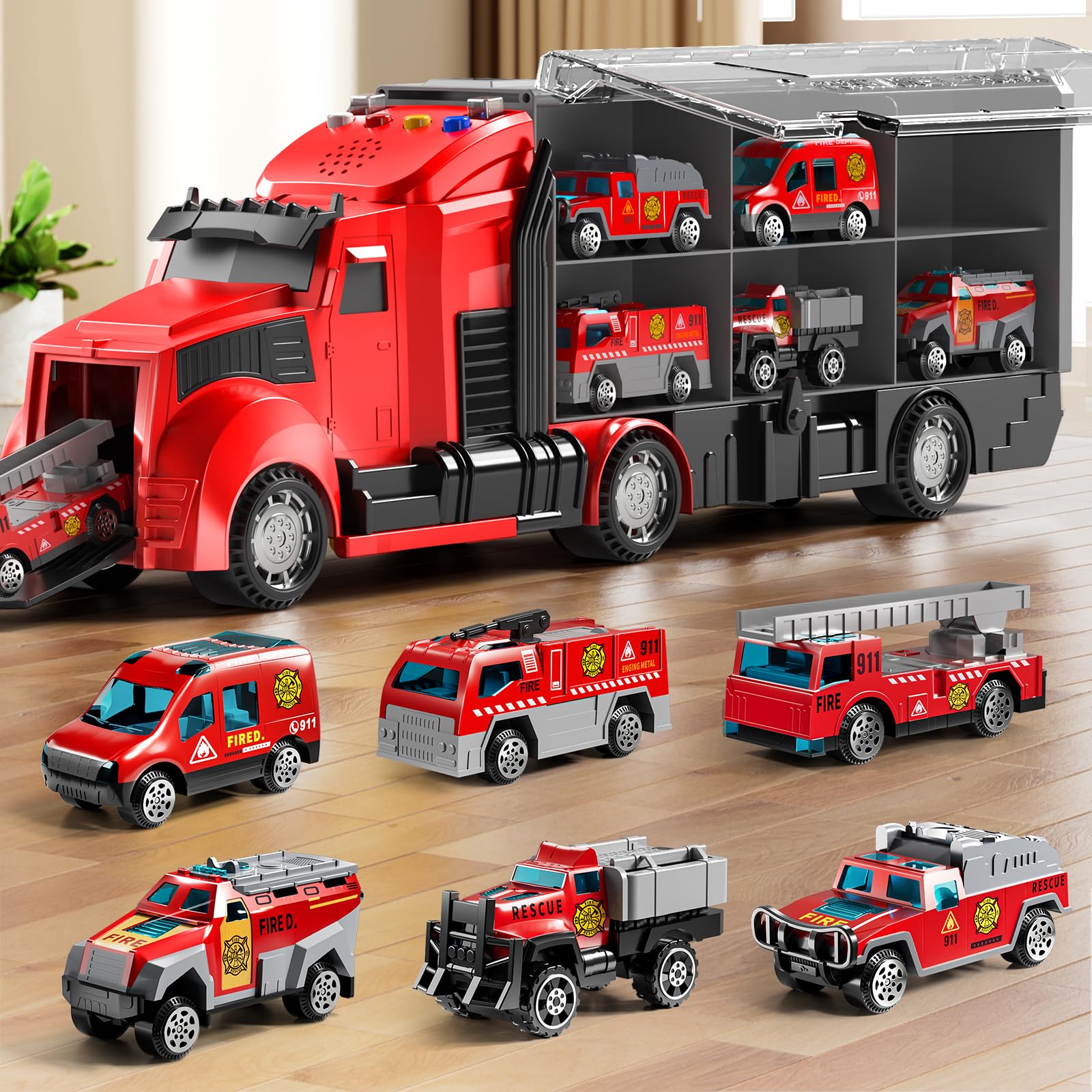 NIPLOOOW Fire Trucks Toy Set with Play Mat for interactive pretend play.