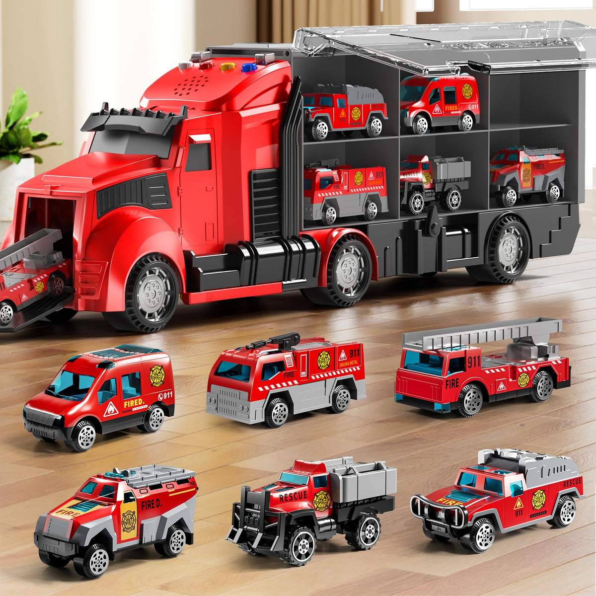 NIPLOOOW Fire Trucks Toy Set with Play Mat for interactive pretend play.