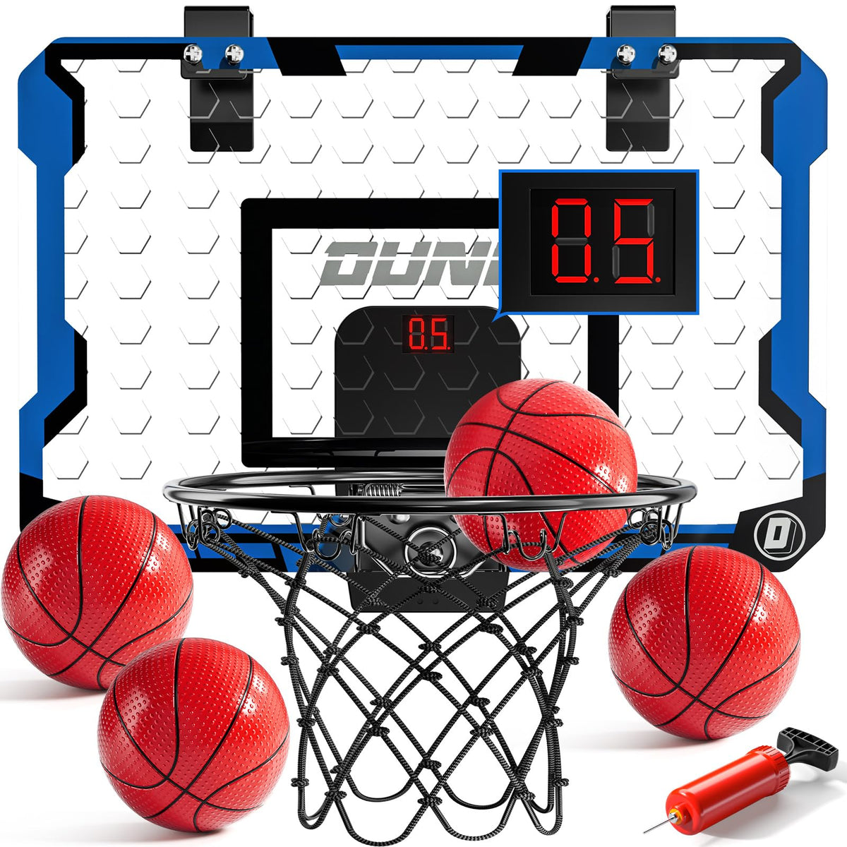 NIPLOOOW indoor basketball hoop on door with scoreboard for kids' scoring practice.