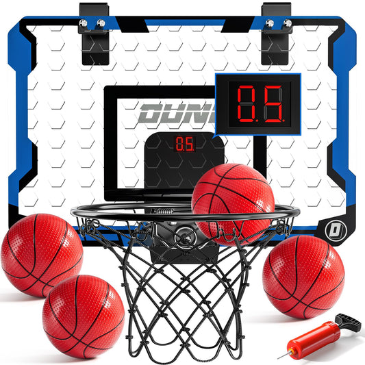NIPLOOOW indoor basketball hoop on door with scoreboard for kids' scoring practice.